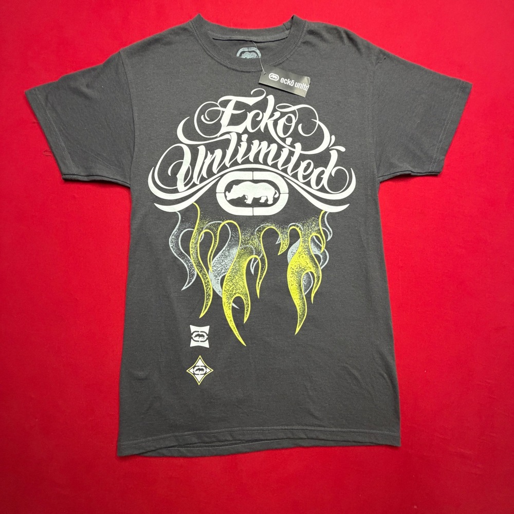 NWT Y2K STYLE Ecko Unltd Mens Graphic T-Shirt Gray Rhino Flame Streetwear Small